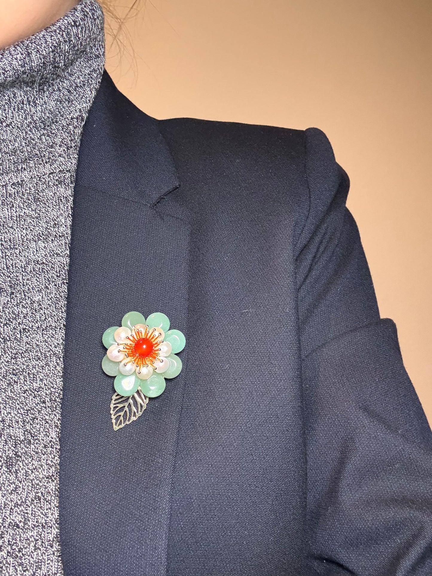 Elegant Jade & Agate Floral Brooch