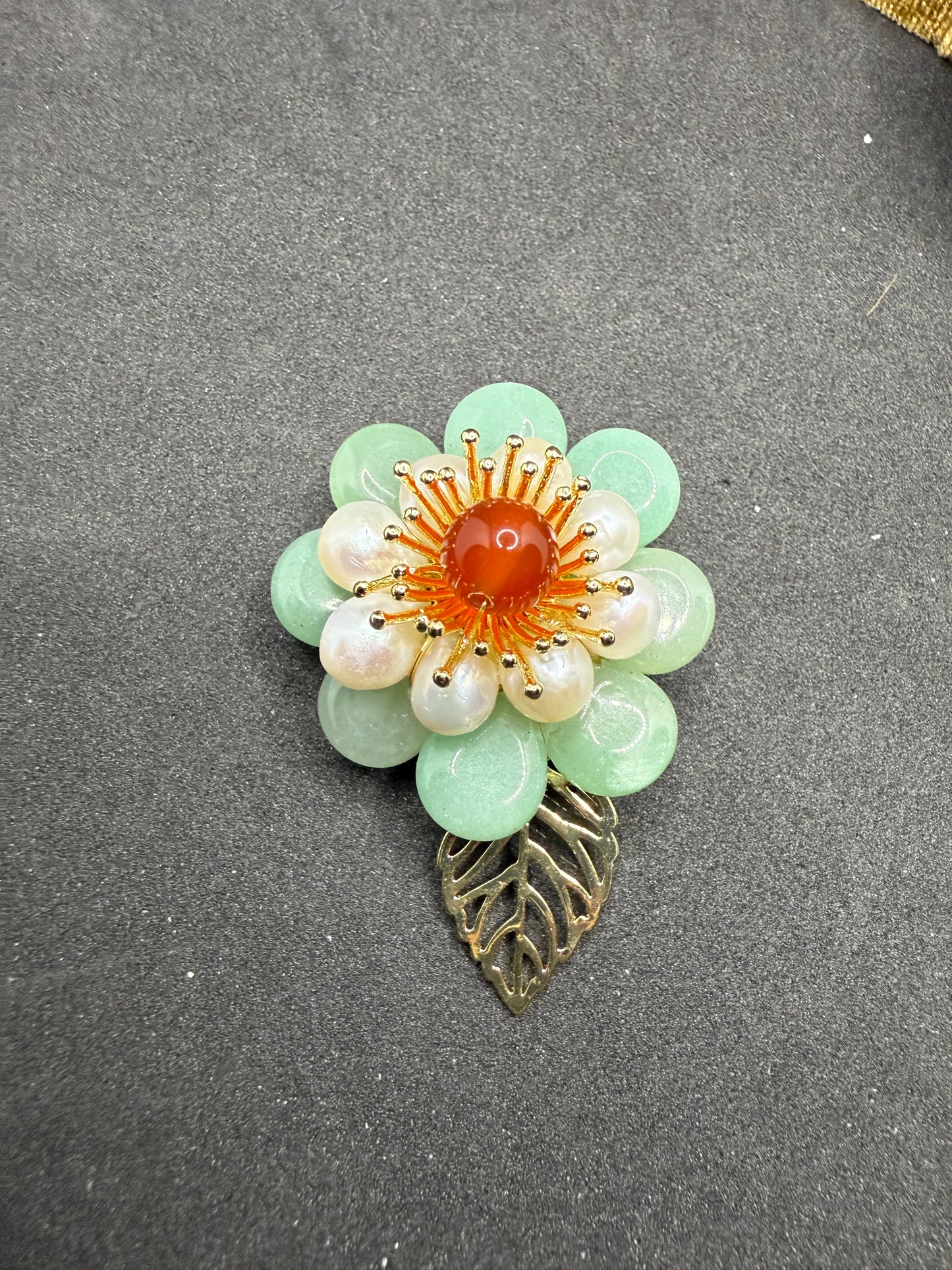 Elegant Jade & Agate Floral Brooch