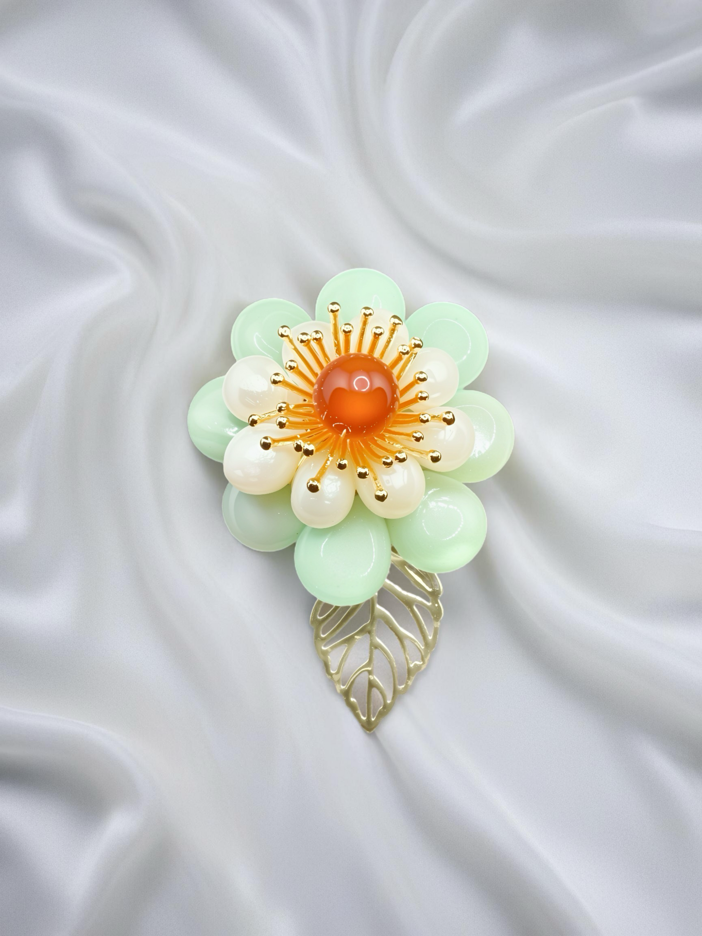 Elegant Jade & Agate Floral Brooch