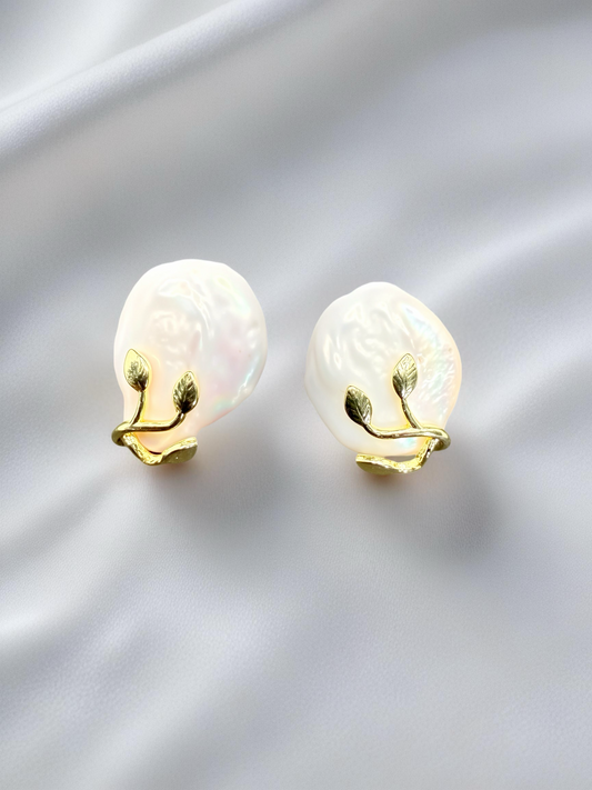 Golden Leaf Baroque Pearl Earrings