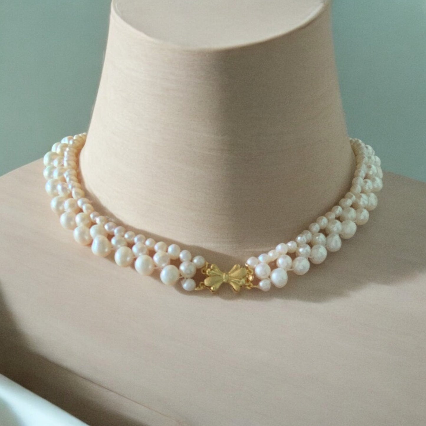 Handgemaach Pearl Ribbon Choker Halskette